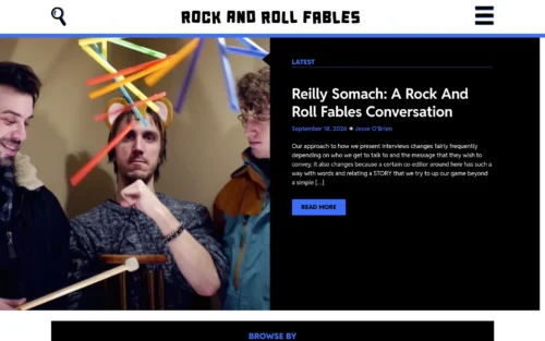 Rock and Roll Fables homepage with its featured-story hero